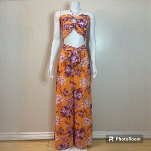 Orange purple floral print bandeau ruffle trims top and high waisted pants set